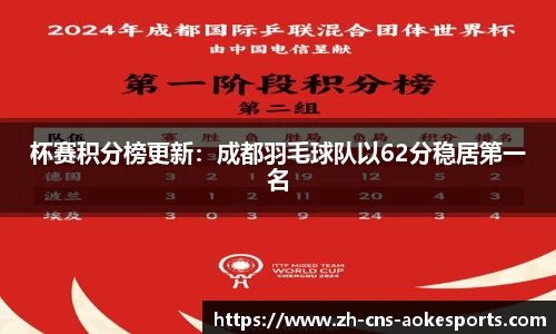 杯赛积分榜更新:成都羽毛球队以62分稳居第一名